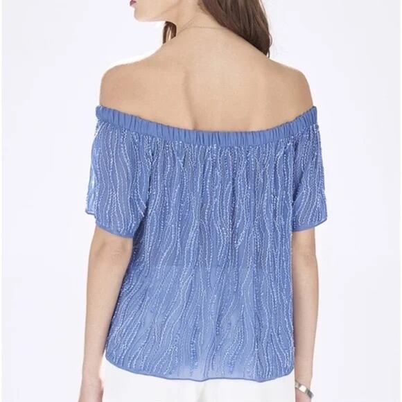 Parker NWT Royal Blue Beaded Embellished Off the Shoulder Sheer Top - Picture 4 of 16